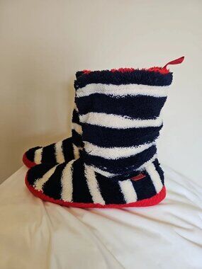 Women's Joules French Navy Stripe Slipper Sock Boot-Size: Medium (5-6)